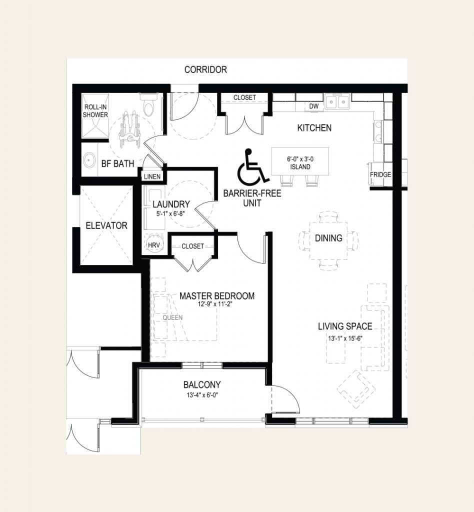 Floor plan of apartment D in Building C. One bedroom, one bathroom, laundry room, balcony, and an open concept kitchen and living room. Wheelchair friendly.