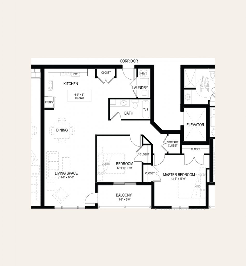 Floor plan of apartment E in Building C. Two bedrooms, one bathroom, laundry closet, balcony, and an open concept kitchen and living room.