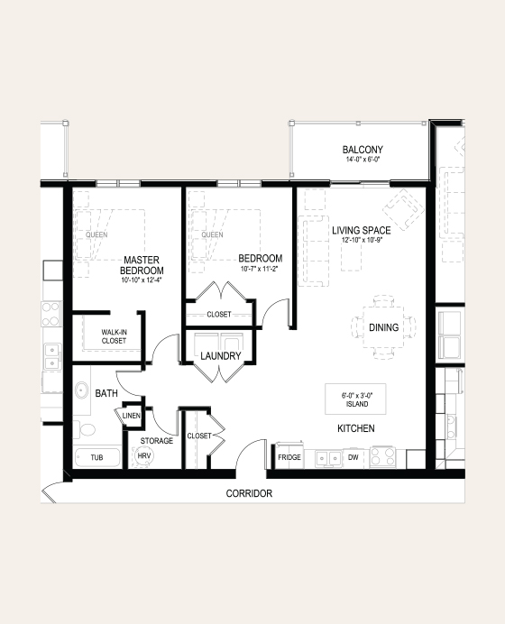 Floor plan of apartment C in Building A. One master bedroom with a walk-in closet, one bedroom, one bathroom, laundry closet, balcony, and an open concept kitchen and living room.