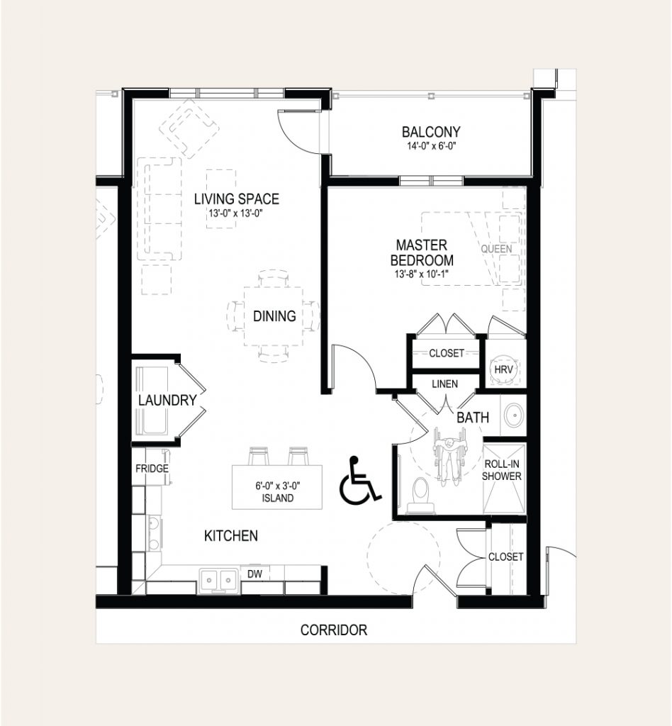 Floor plan of apartment D in Building A. One bedroom, one bathroom, laundry closet, balcony, and an open concept kitchen and living room. Wheelchair friendly.