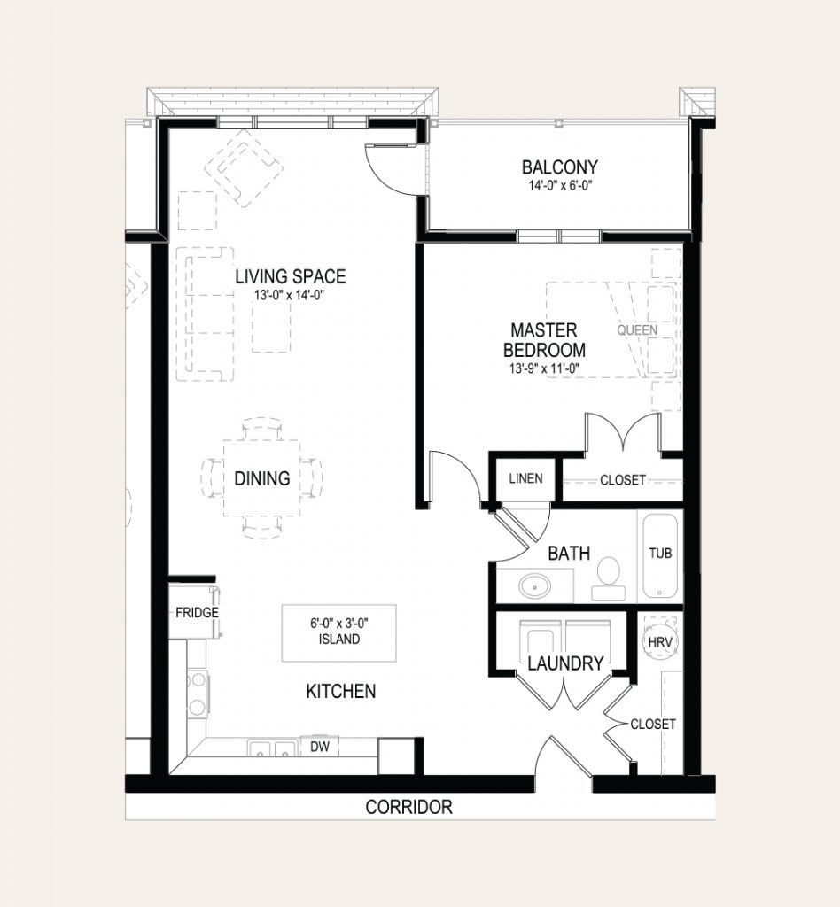 Floor plan of apartment D1 in Building A. One bedroom, one bathroom, laundry closet, balcony, and an open concept kitchen and living room.
