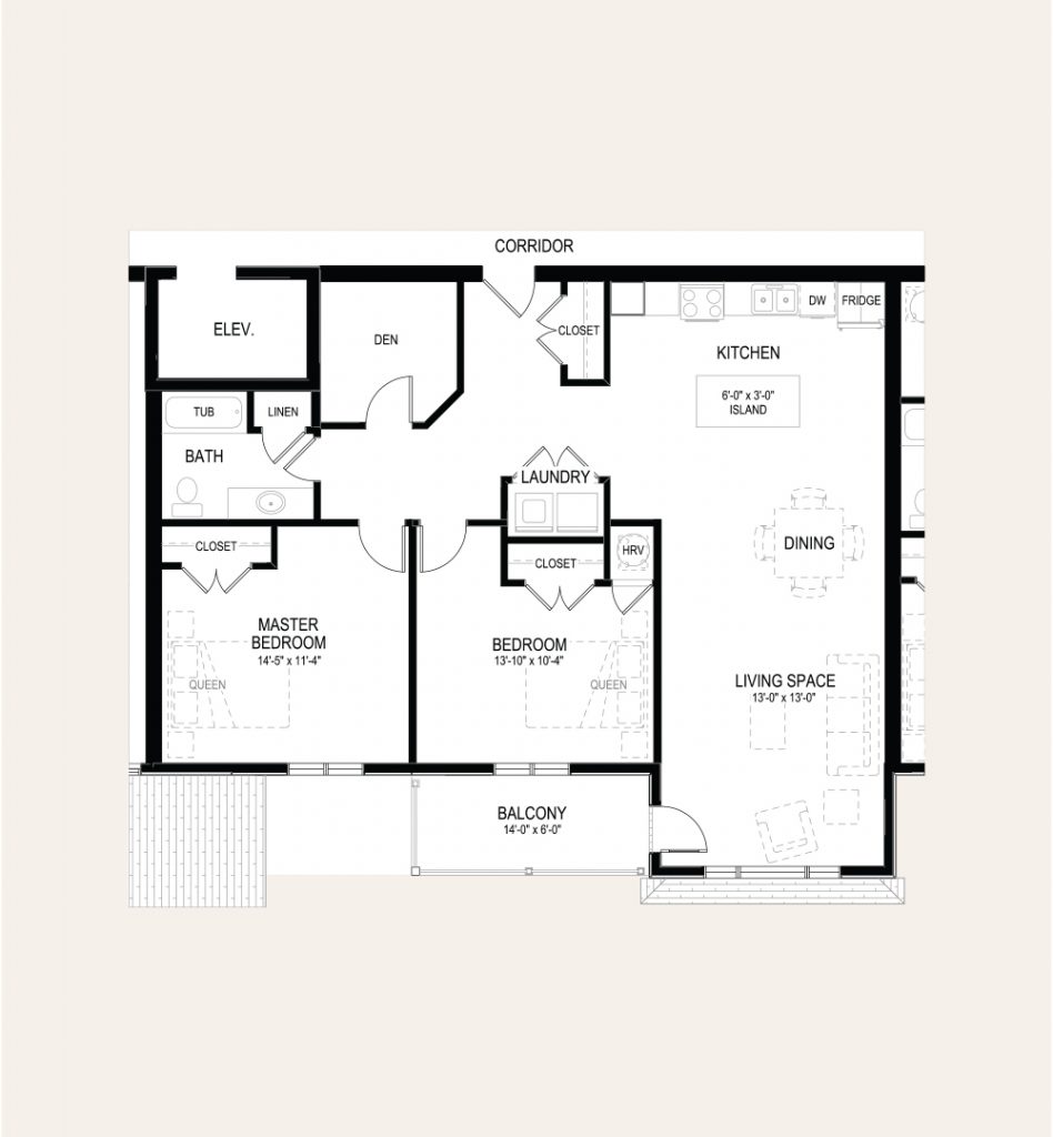 Floor plan of apartment E in Building A. Two bedrooms, one bathroom, one den, laundry closet, balcony, and an open concept kitchen and living room.