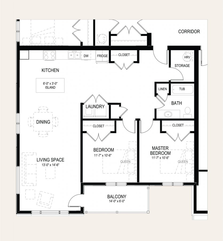 Floor plan of apartment B in Building B. Two bedrooms, one bathroom, laundry closet, balcony, and an open concept kitchen and living room.