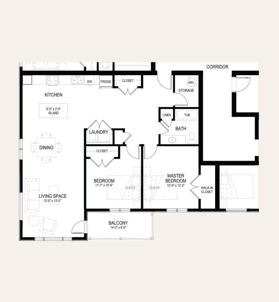 Floor plan of apartment B1 in Building B. One master bedroom with a walk-in closet, one bedroom, one bathroom, laundry closet, balcony, and an open concept kitchen and living room.