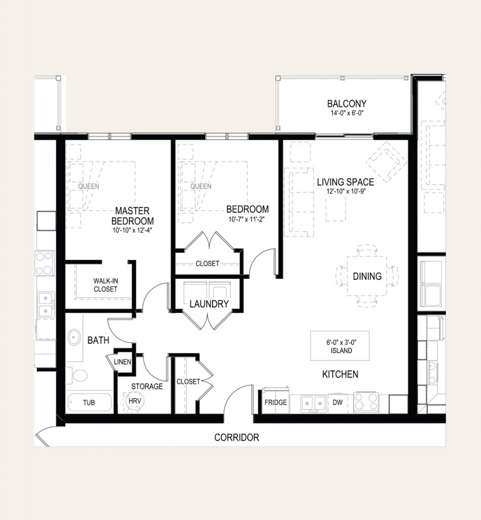 Floor plan of apartment C in Building B. One master bedroom with a walk-in closet, one bedroom, one bathroom, laundry closet, balcony, and an open concept kitchen and living room.