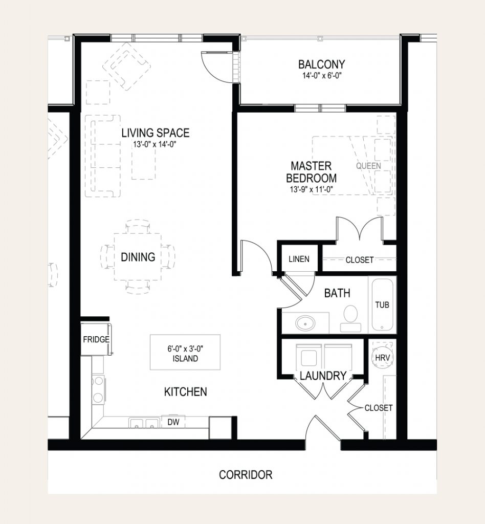 Floor plan of apartment D1 in Building B. One bedroom, one bathroom, laundry closet, balcony, and an open concept kitchen and living room.