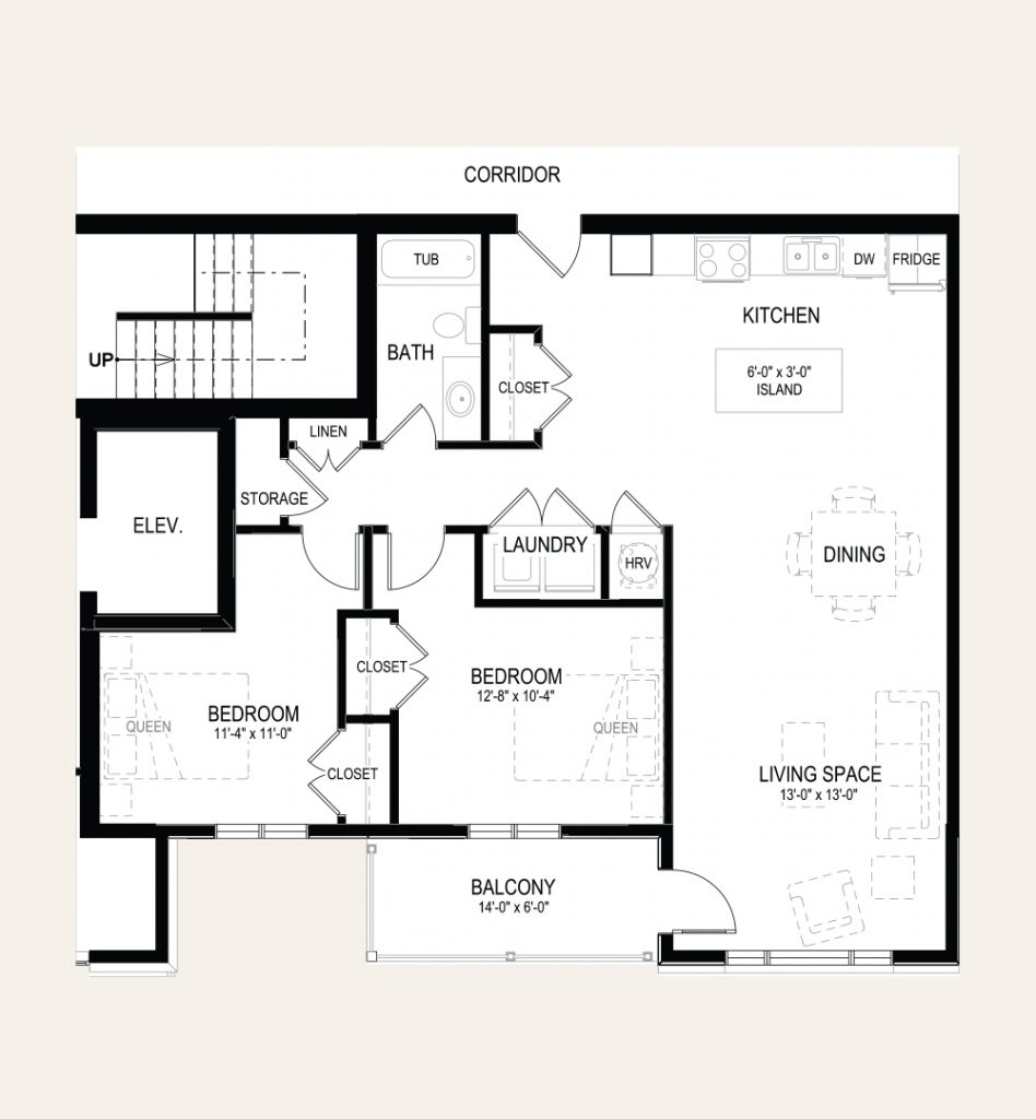 Floor plan of apartment E in Building B. Two bedrooms, one bathroom, laundry closet, balcony, and an open concept kitchen and living room.