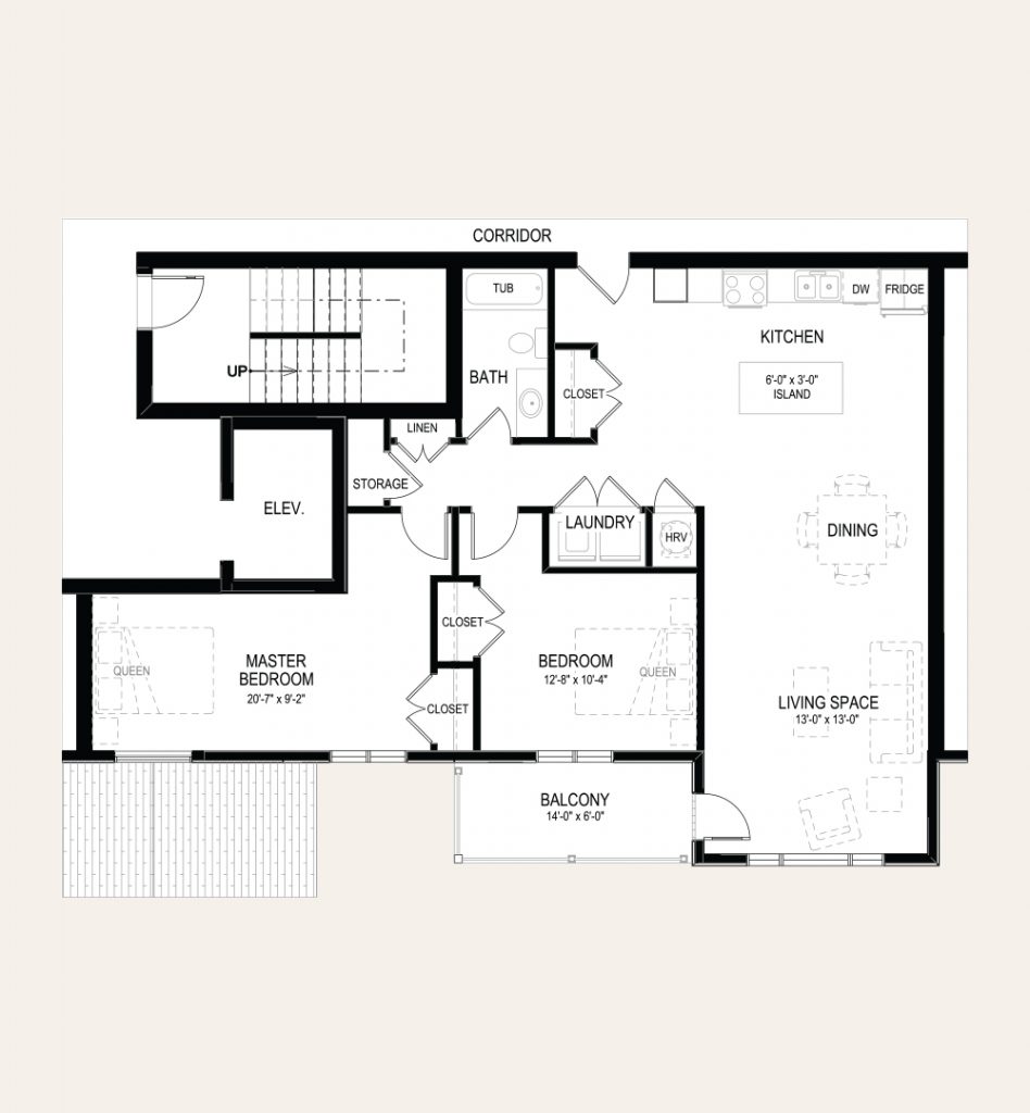 Floor plan of apartment E1 in Building B. A master bedroom, a second smaller bedroom, one bathroom, laundry closet, balcony, and an open concept kitchen and living room.
