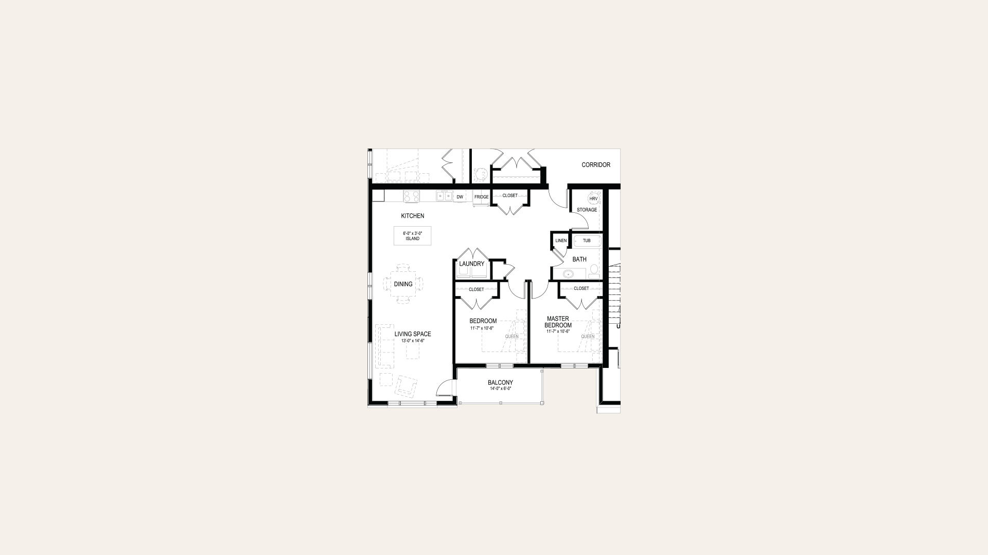 Floor plan of apartment B in Building A. Two bedrooms, one bathroom, laundry closet, storage room, balcony, and an open concept kitchen and living room.