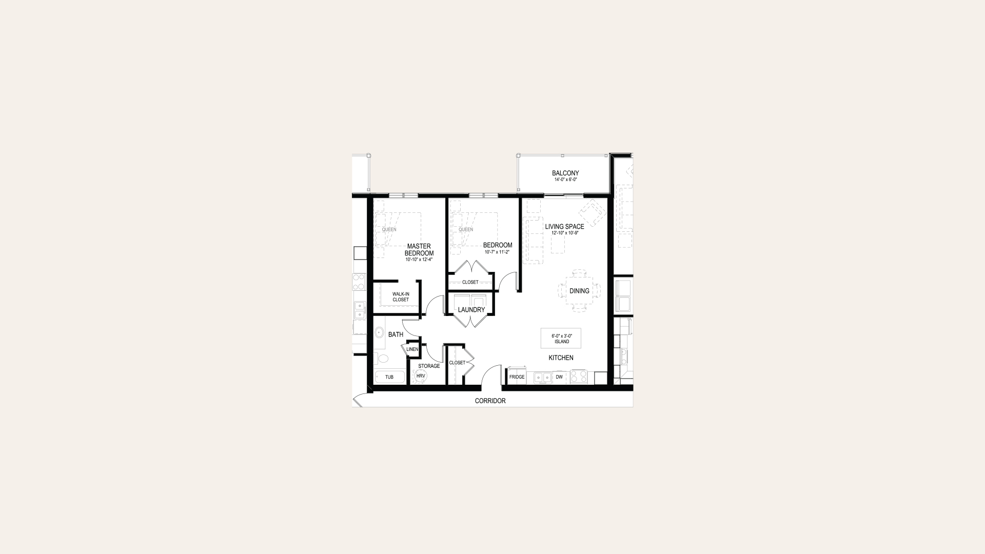 Floor plan of apartment C in Building A. One master bedroom with a walk-in closet, One bedroom, one bathroom, laundry closet, storage room, balcony, and an open concept kitchen and living room.