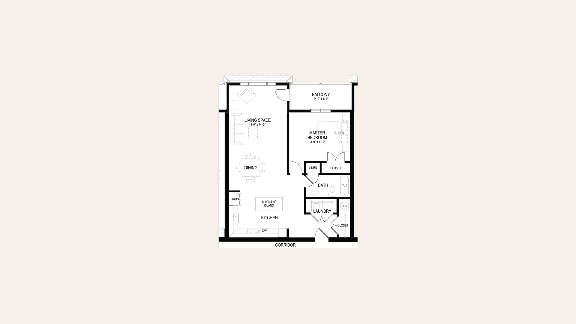 Floor plan of apartment D1 in Building A. One bedroom, one bathroom, laundry closet, balcony, and an open concept kitchen and living room.