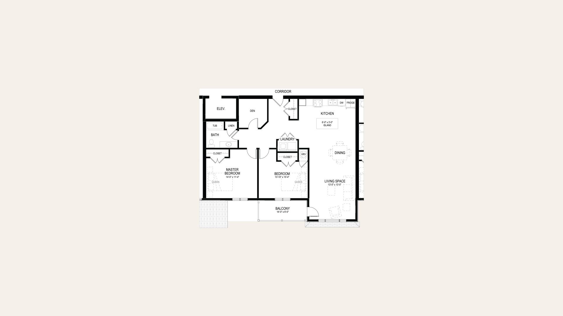 Floor plan of apartment E in Building A. Two bedrooms, one bathroom, one den, laundry closet, balcony, and an open concept kitchen and living room.