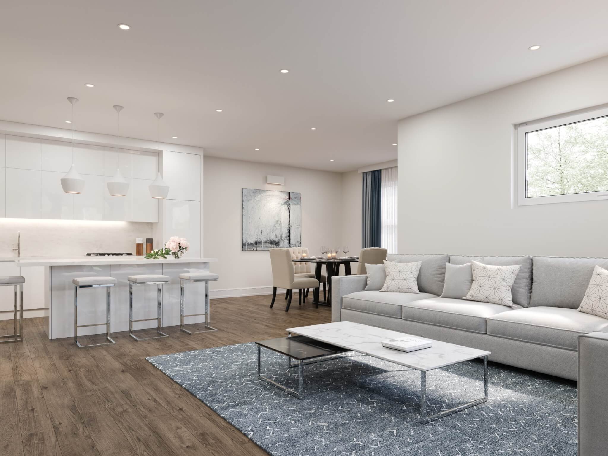 Open concept kitchen and living room, modern and minimalist design with a dining table.