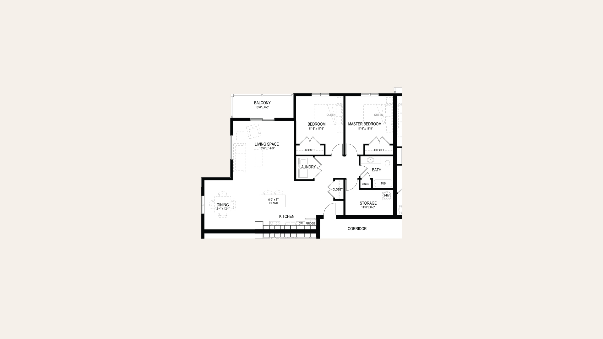 Floor plan of apartment A in Building C. Two bedrooms, one bathroom, storage room, laundry closet, balcony, and an open concept kitchen and living room.