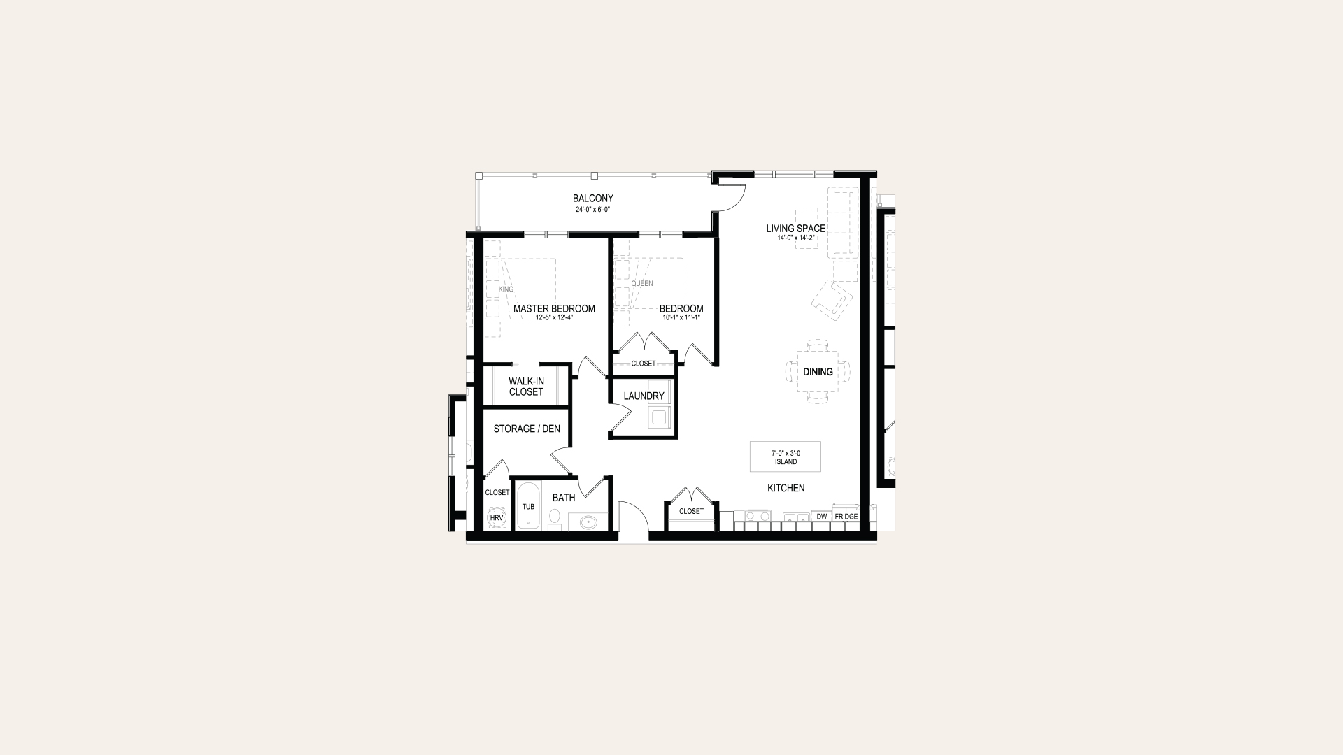 Floor plan of apartment B in Building C. One master bedroom with walk-in closet, one bedroom, one bathroom, storage or den, laundry room, balcony, and an open concept kitchen and living room.