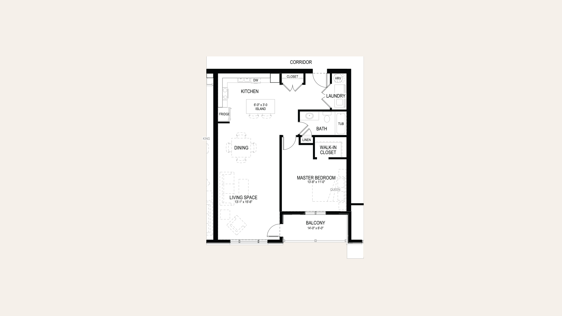 Floor plan of apartment C in Building C. One bedroom with walk-in closet, one bathroom, laundry closet, balcony, and an open concept kitchen and living room.