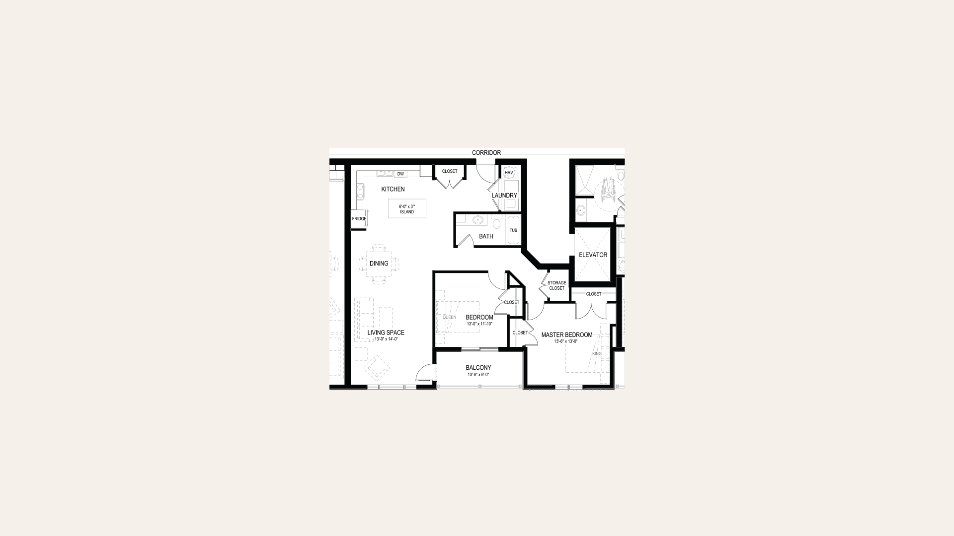 Floor plan of apartment E in Building C. Two bedrooms, one bathroom, laundry closet, balcony, and an open concept kitchen and living room.