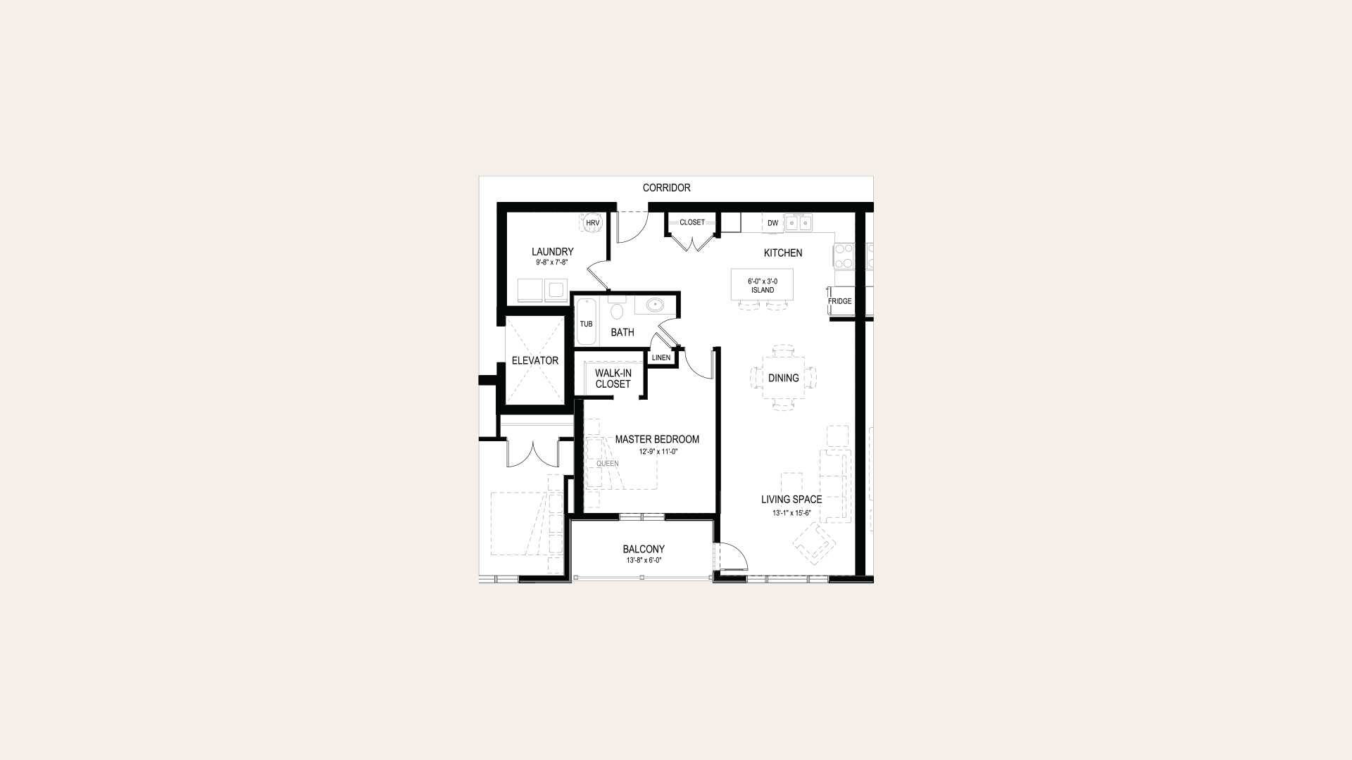 Floor plan of apartment F in Building C. One bedroom with a walk-in closet, one bathroom, laundry room, balcony, and an open concept kitchen and living room.