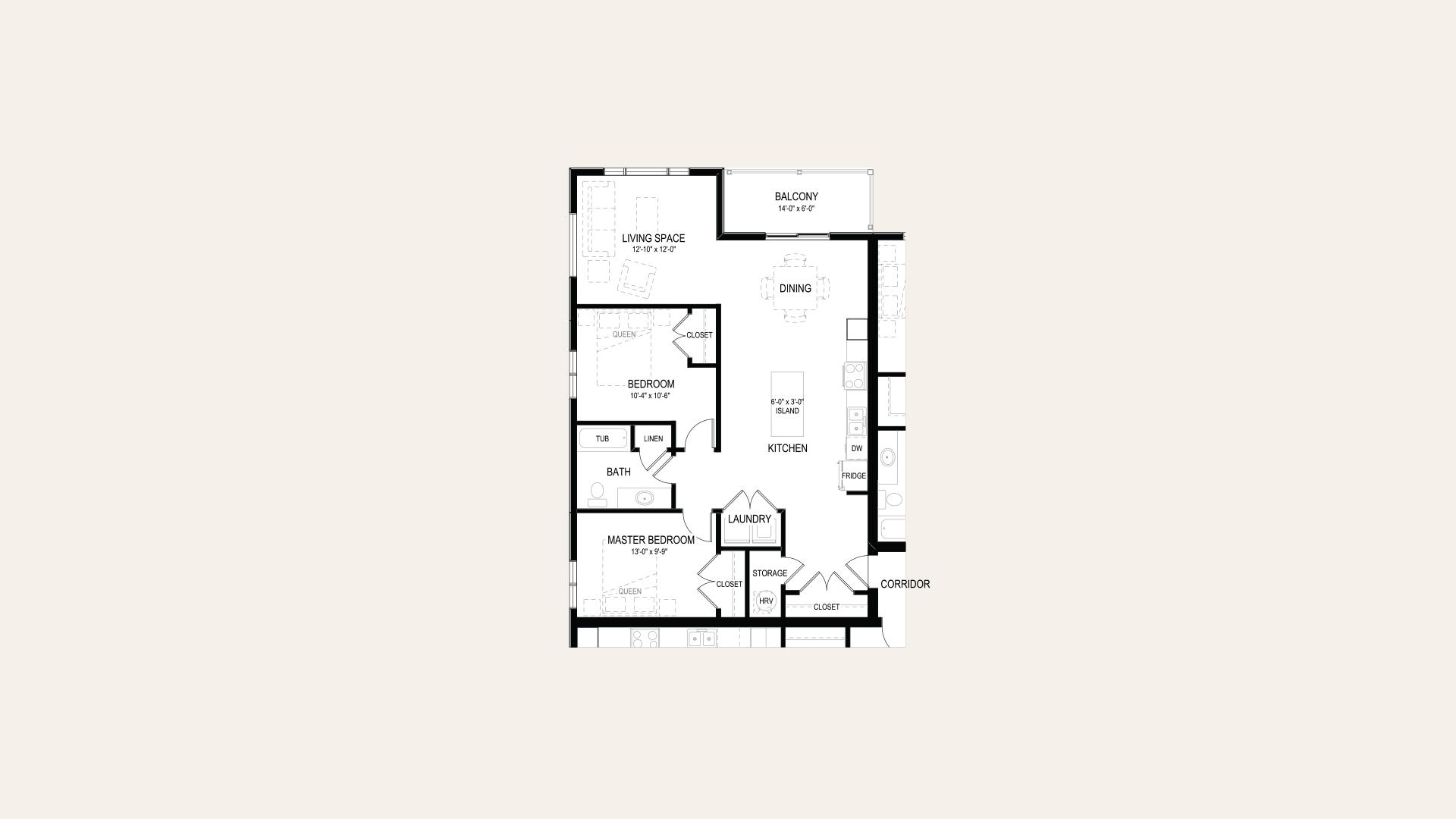 Floor plan of apartment A in Building B. Two bedrooms, one bathroom, laundry closet, balcony, and an open concept kitchen and living room.