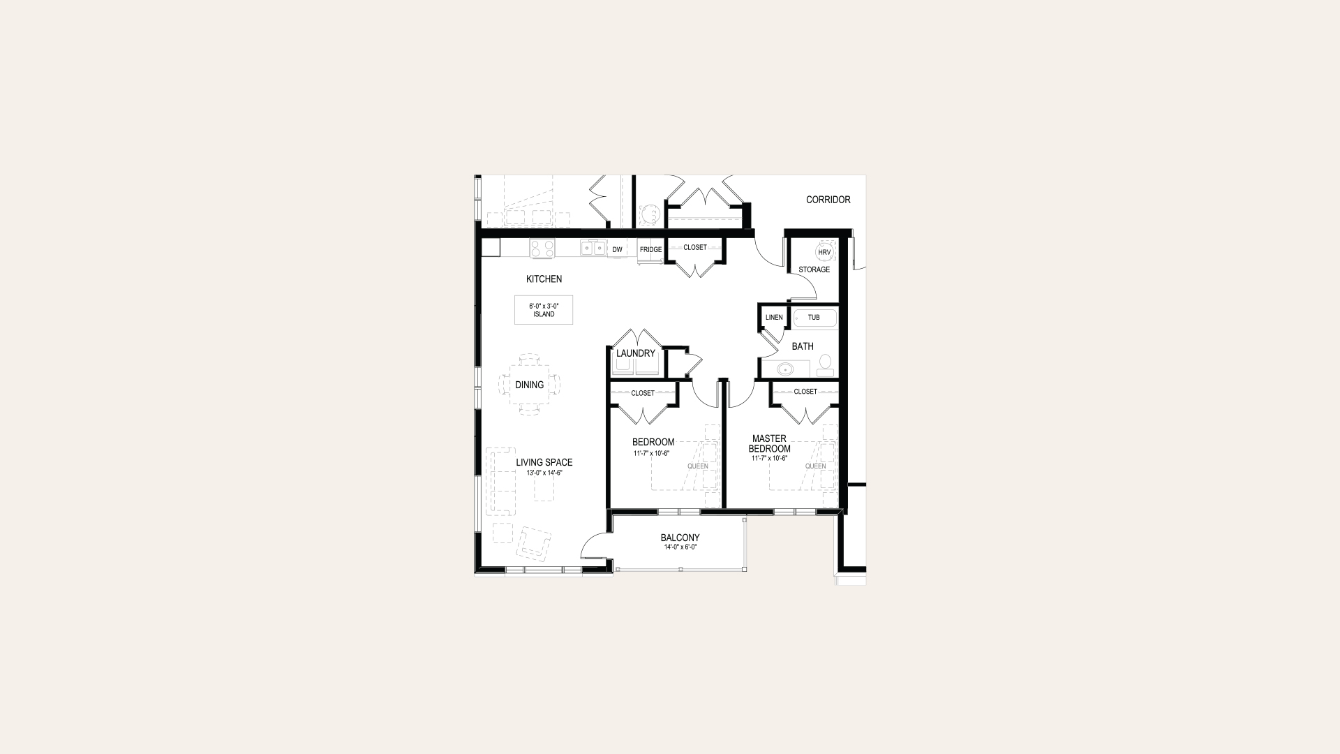 Floor plan of apartment B in Building B. Two bedrooms, one bathroom, laundry closet, balcony, and an open concept kitchen and living room.