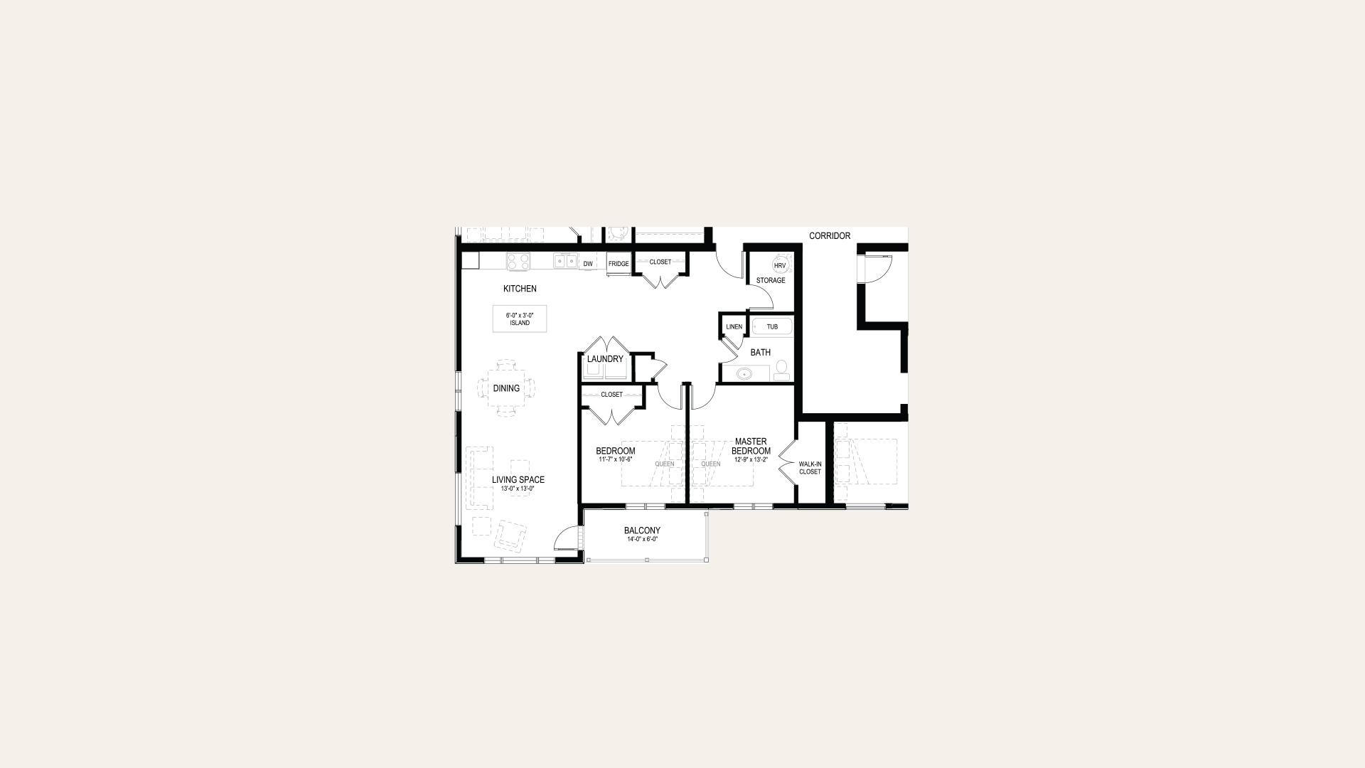 Floor plan of apartment B1 in Building B. One master bedroom with a walk-in closet, one bedroom, one bathroom, laundry closet, balcony, and an open concept kitchen and living room.