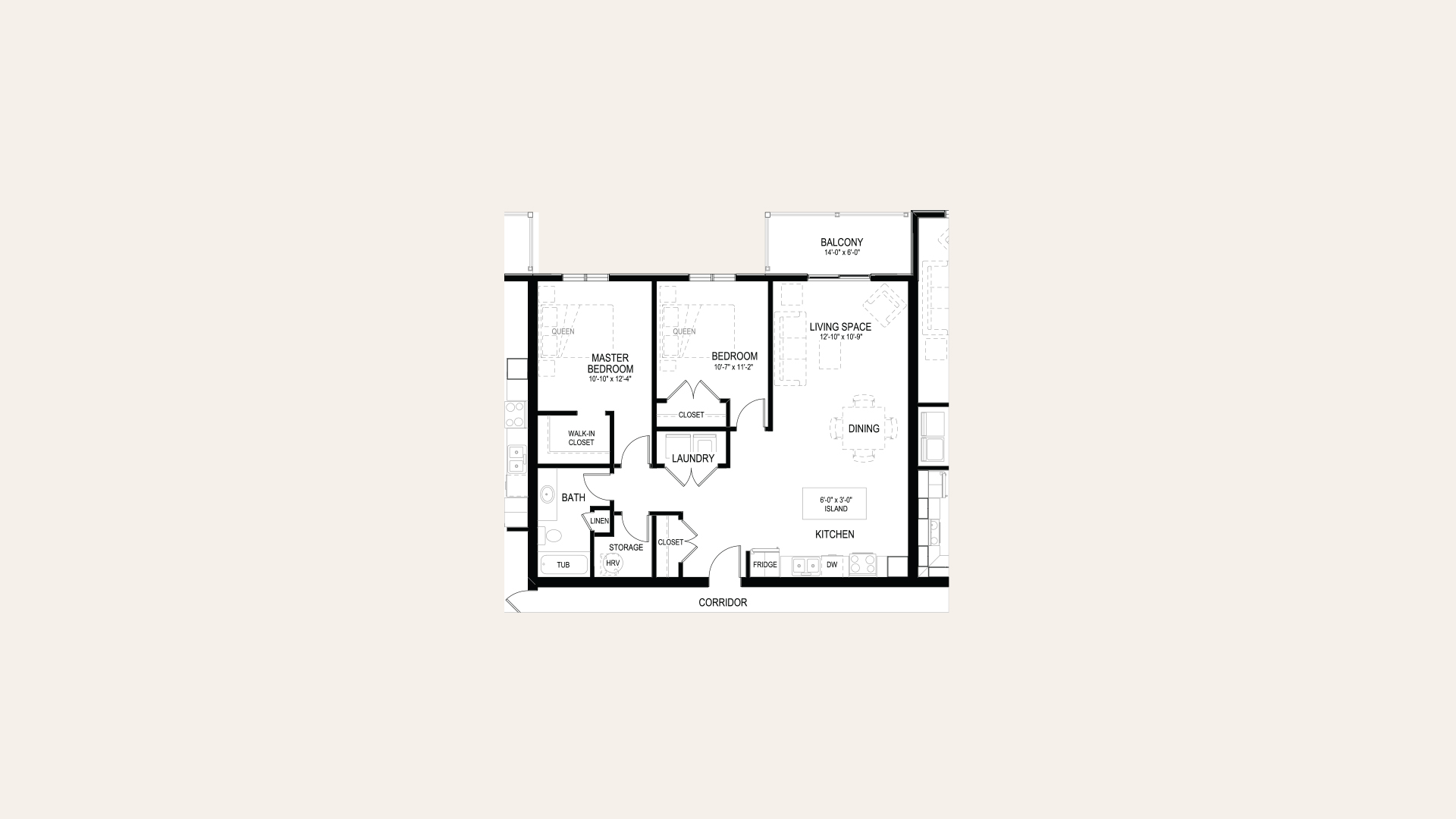 Floor plan of apartment C in Building B. One master bedroom with a walk-in closet, one bedroom, one bathroom, laundry closet, balcony, and an open concept kitchen and living room.