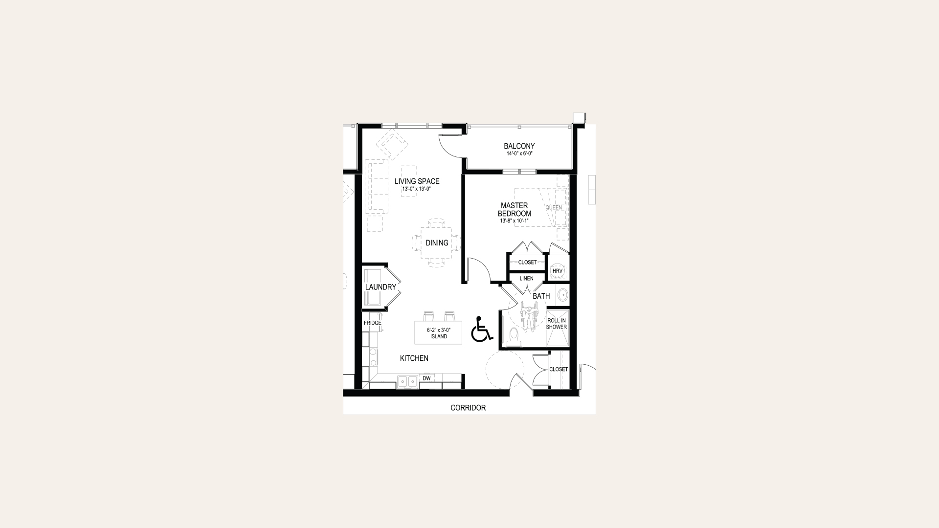 Floor plan of apartment D in Building B. One bedroom, one bathroom, laundry closet, balcony, and an open concept kitchen and living room. Wheelchair friendly.