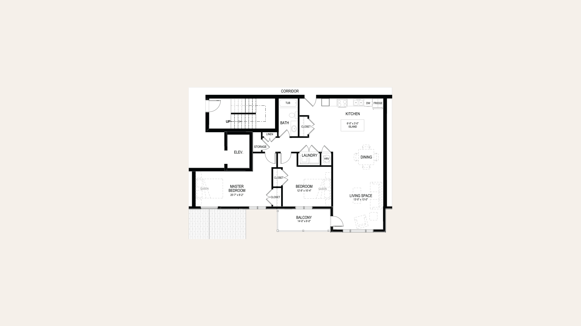 Floor plan of apartment E1 in Building B. A master bedroom, a second bedroom, one bathroom, laundry closet, balcony, and an open concept kitchen and living room.